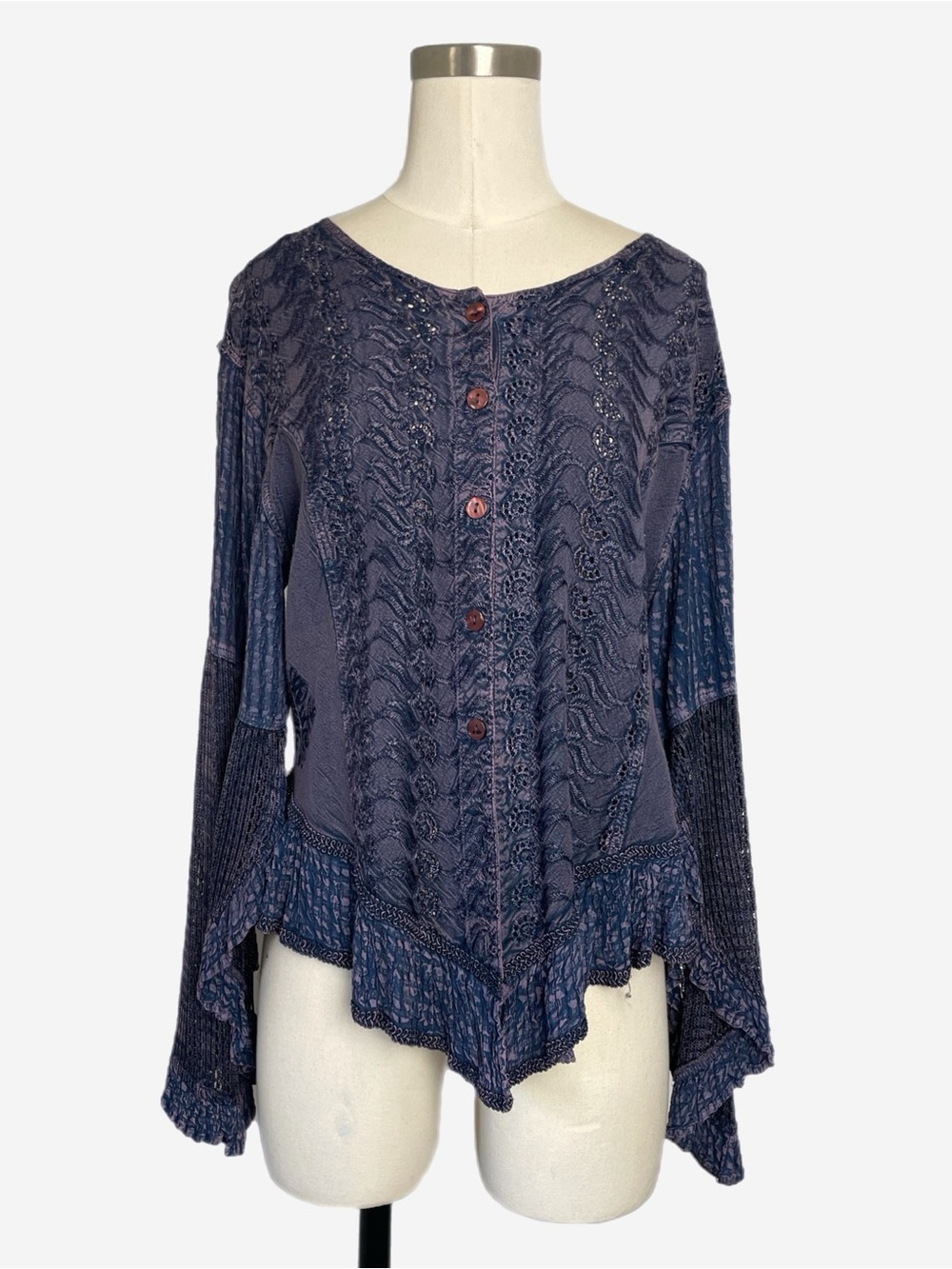 Fabulous Blue purple bell sleeve embroidered crochet top hippie Renaissance S/M